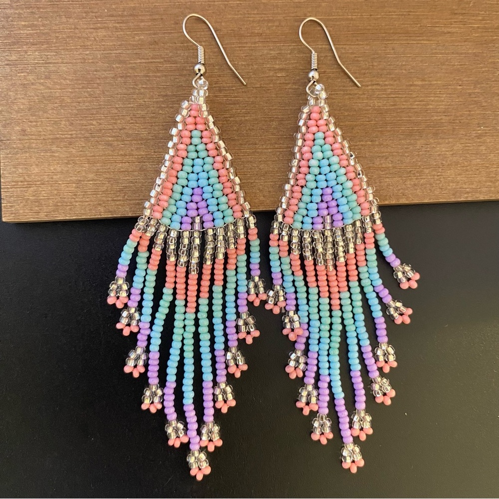 Long Earrings Beaded Handmade Mexico Aretes Huichol Chaquira  Pink Blue